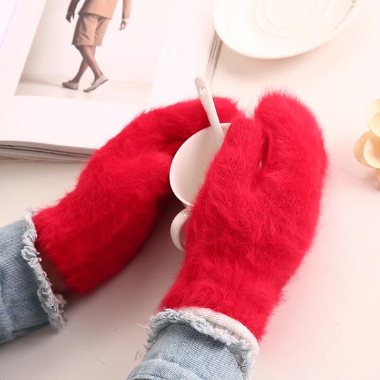 1 Pair Adults Mittens Thickened Stretchy Soft Fuzzy Cozy Cold Resistant Solid Color Windproof Winter Women Gloves for Outdoor