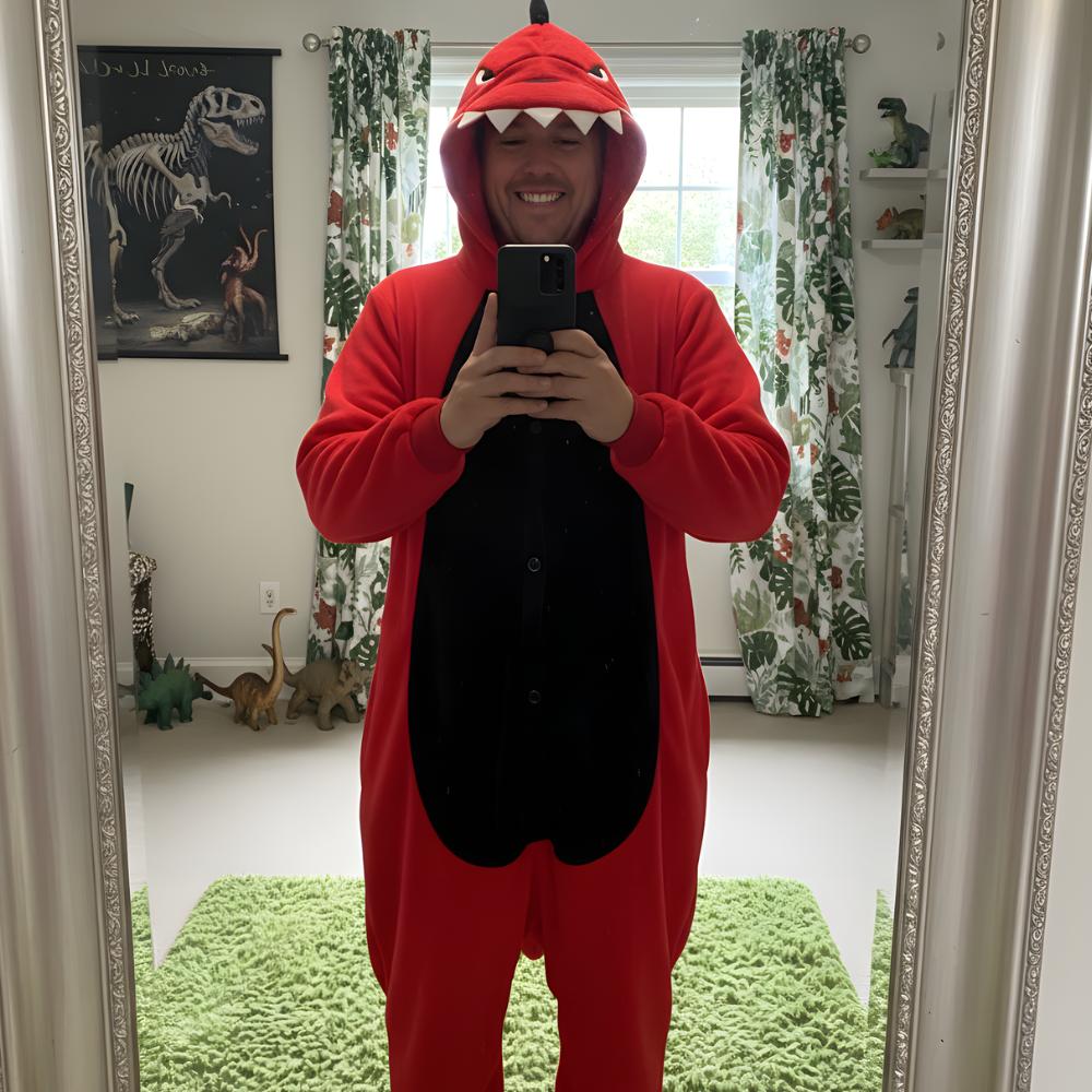 Pyžamo Onesie Kigurumi Kostým Převlek Červený Dinosaurus S: 145 - 155 cm