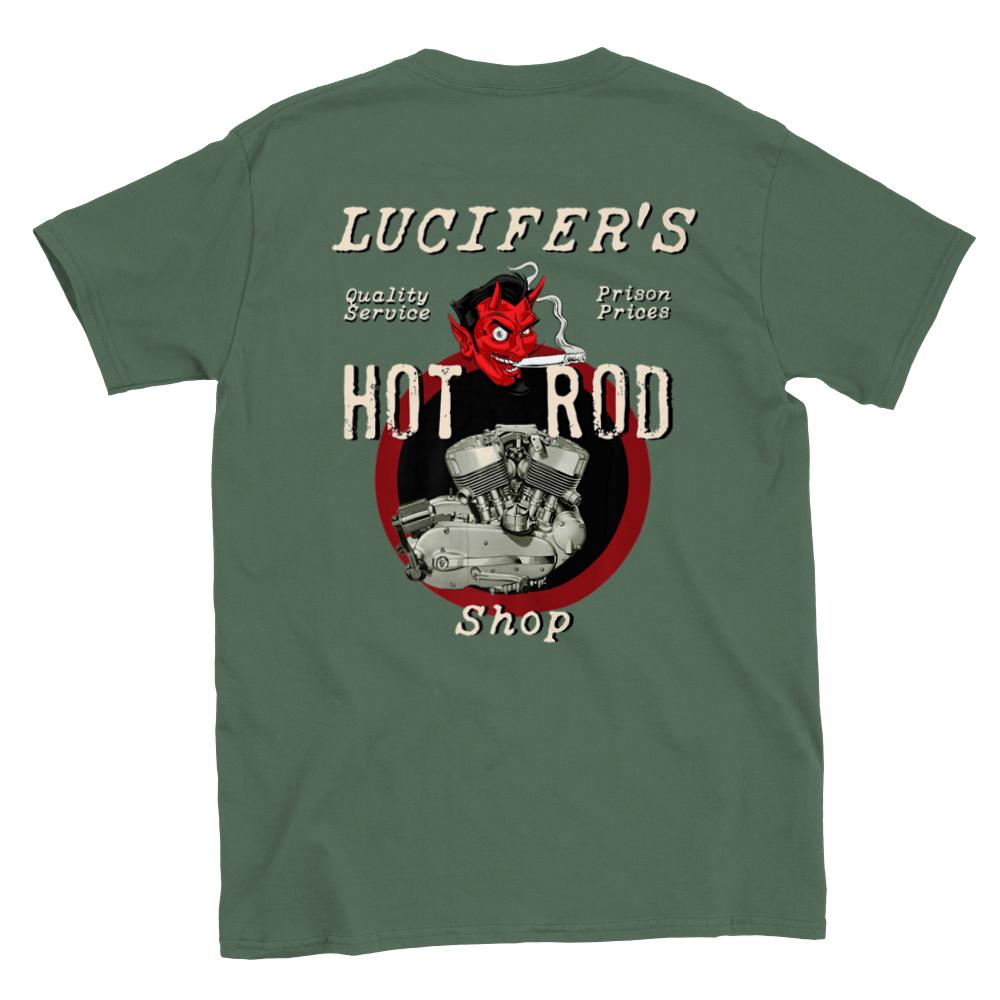 Lucifer's Hot Rod Shop - Back Print - Classic Crewneck T-shirt