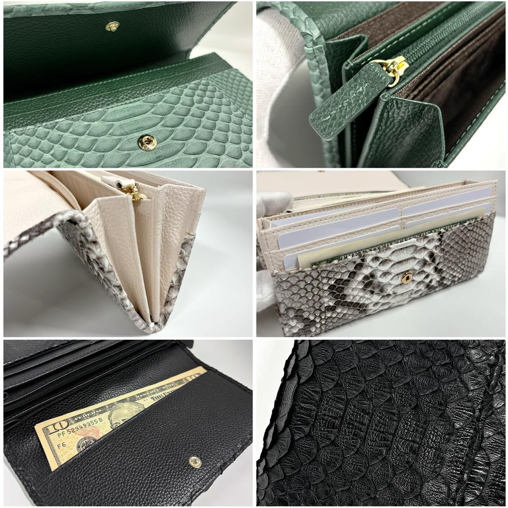 Natürliches, echtes Schlangenleder-Langportemonnaie für Damen und Herren, aus einem Stück echtem Leder gefertigt. Zu den Merkmalen gehören ein zweifach gefaltetes Design, eine Klappe