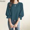 ZANZEA Women Casual Round Neck Solid Color 3/4 Sleeve Loose Blouse