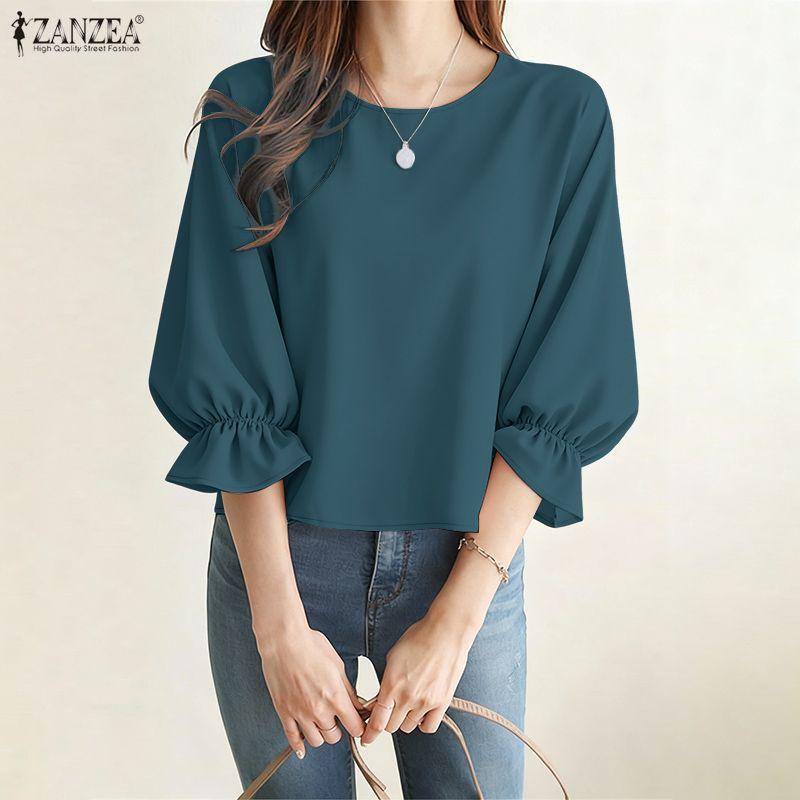 ZANZEA Women Casual Round Neck Solid Color 3/4 Sleeve Loose Blouse