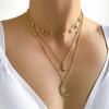 1-Pack Alloy Pendant Rhinestone Inlaid Three-Layer Necklace, Stylish Small Round Bead Tassel Hexagram Moon Pendant Trendy