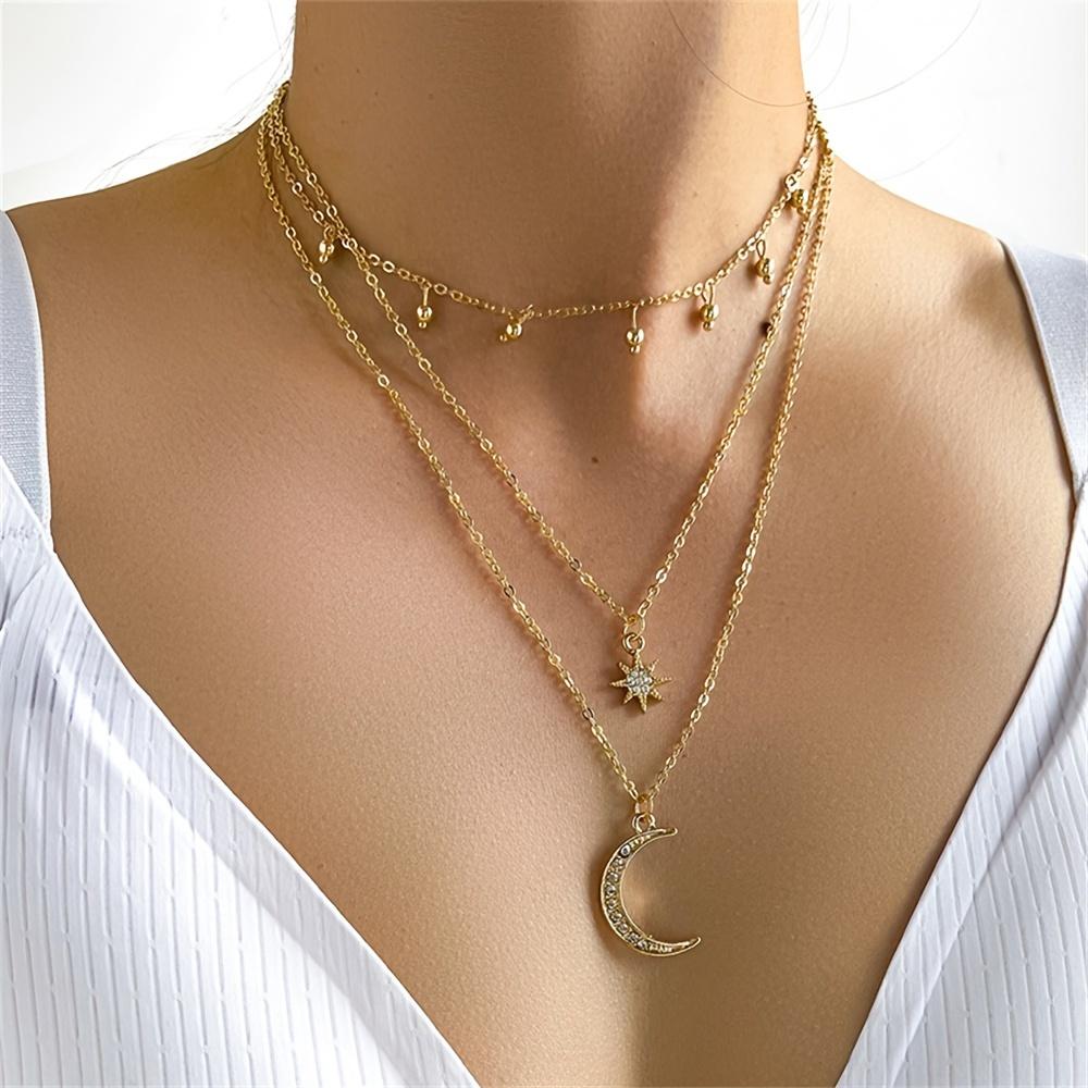 1-Pack Alloy Pendant Rhinestone Inlaid Three-Layer Necklace, Stylish Small Round Bead Tassel Hexagram Moon Pendant Trendy