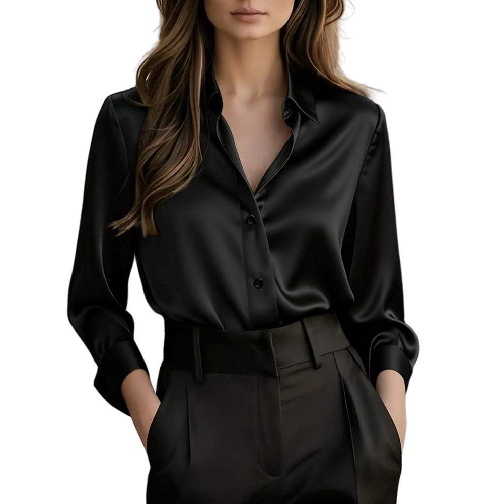 Women's Solid Color Lapel Smooth Simple Business Office Long Sleeve Shirt Elegant Shirt