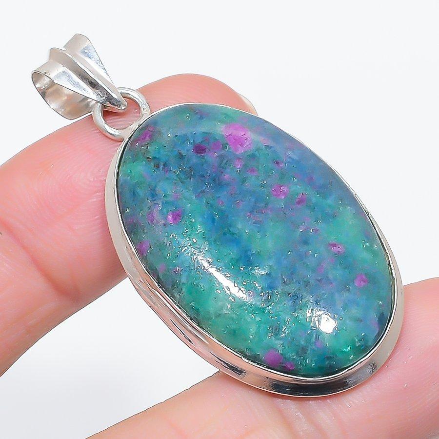 Natural Ruby Fuchsite Gemstone 925 Sterling Silver Jewelry Pendant 2.09" v7I39