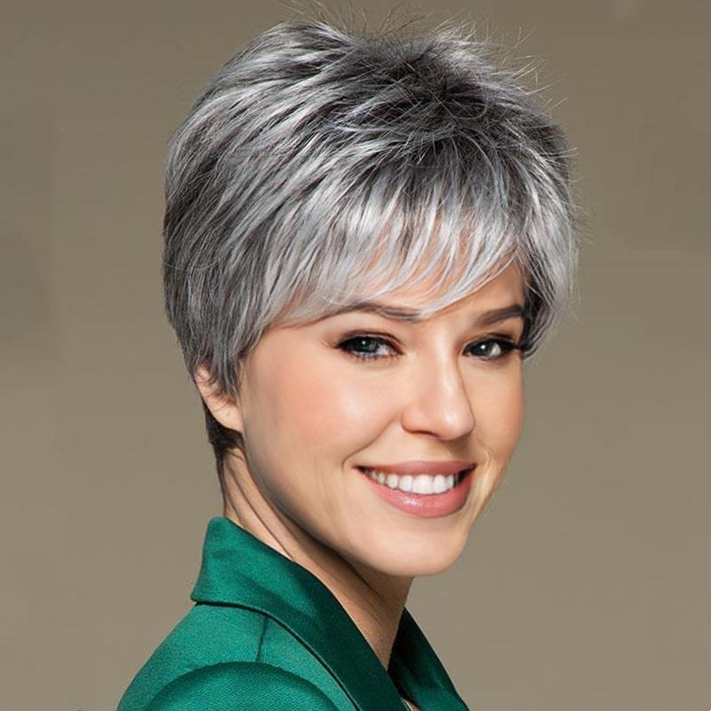 Wigs for Women Synthetic Short Curly Wig with Bangs Black Silver Gray Wigs Daily User High Temperature Fiber Heat Resistant Hair