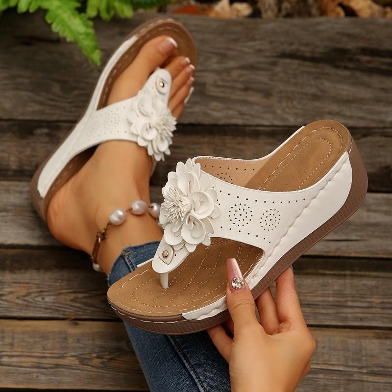 Large size women's shoes summer new slope heel cool slippers wearing flip-flops female flower sandals