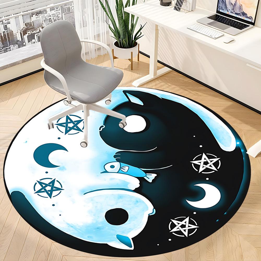 1PC Yin Yang, Moon Cat Office Round Rug, Non Slip, Soft and Durable Office Rug for Interior Decoration, Perfect for Office