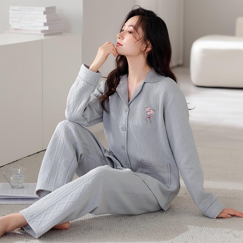 Air Cotton Pajamas Women's Spring and Autumn Thickened Pure Cotton Long-sleeved Women's Autumn and Winter Interlayer Thin Padded Loungewear