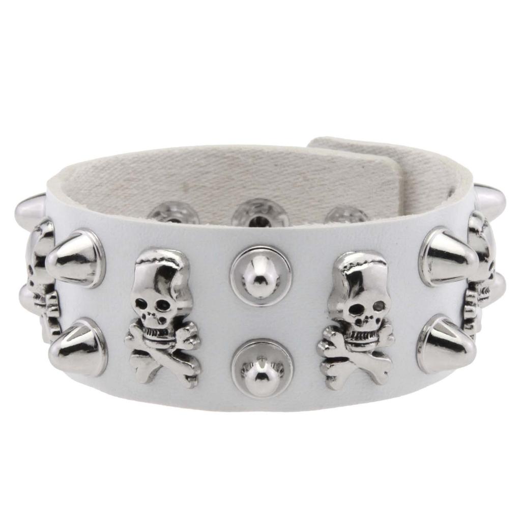 Breites PU-Leder Totenkopf Kegel Nieten Armband, Gothic Punk Verstellbares Druckknopf Handgelenkband Unisex Rock Handgelenkband