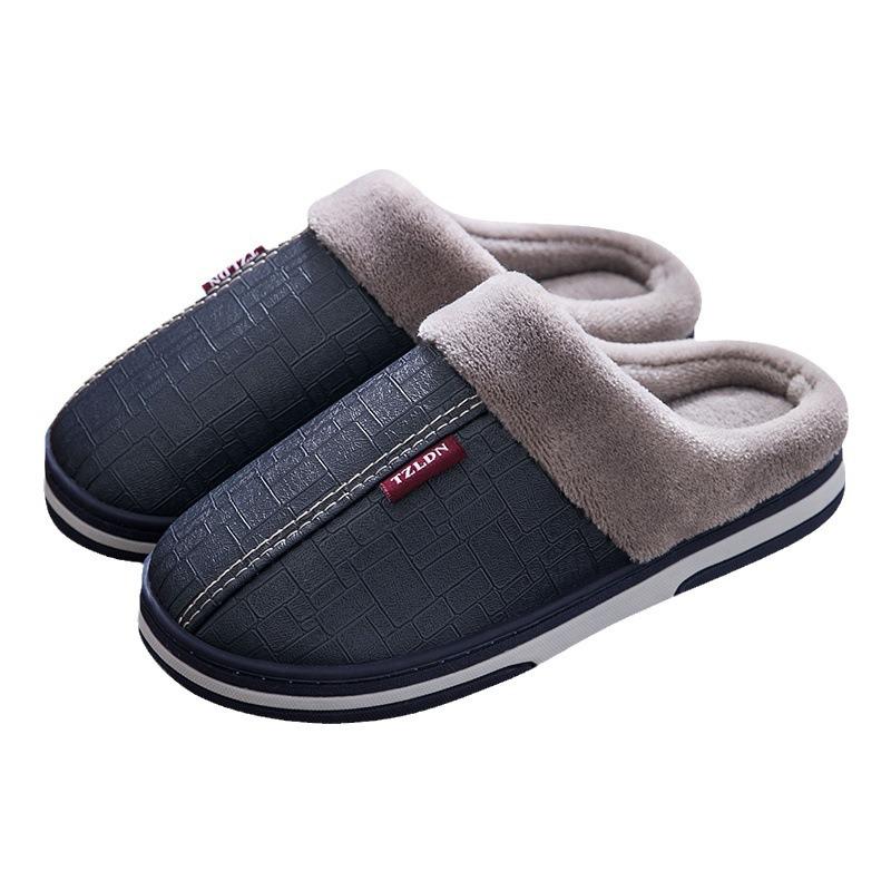 Leather slippers men's winter indoor home non-slip new couple home waterproof cotton slippers women's autumn and winter