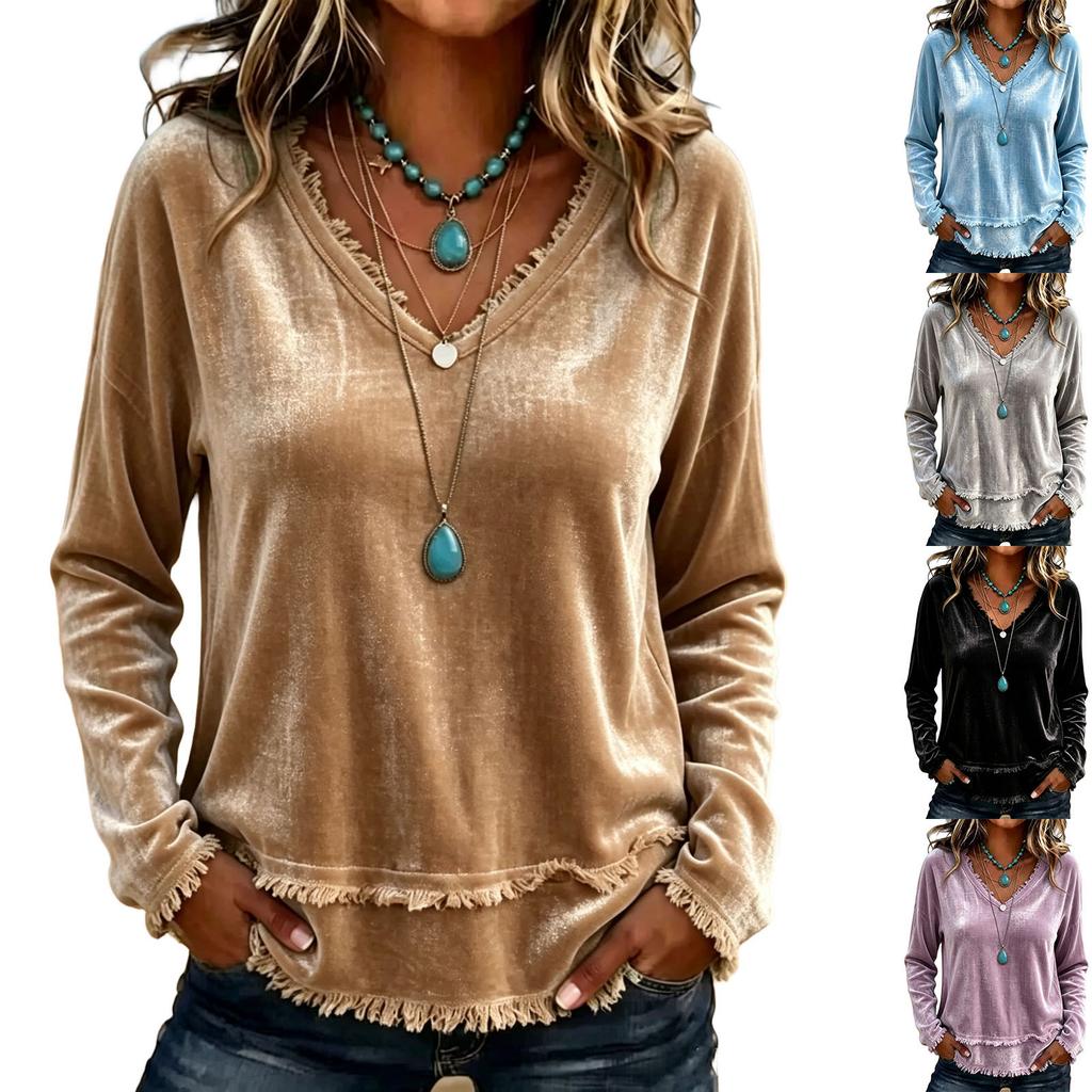 Women's Casual V-Neck Long Sleeve Loose Fit Color Shirt Top
