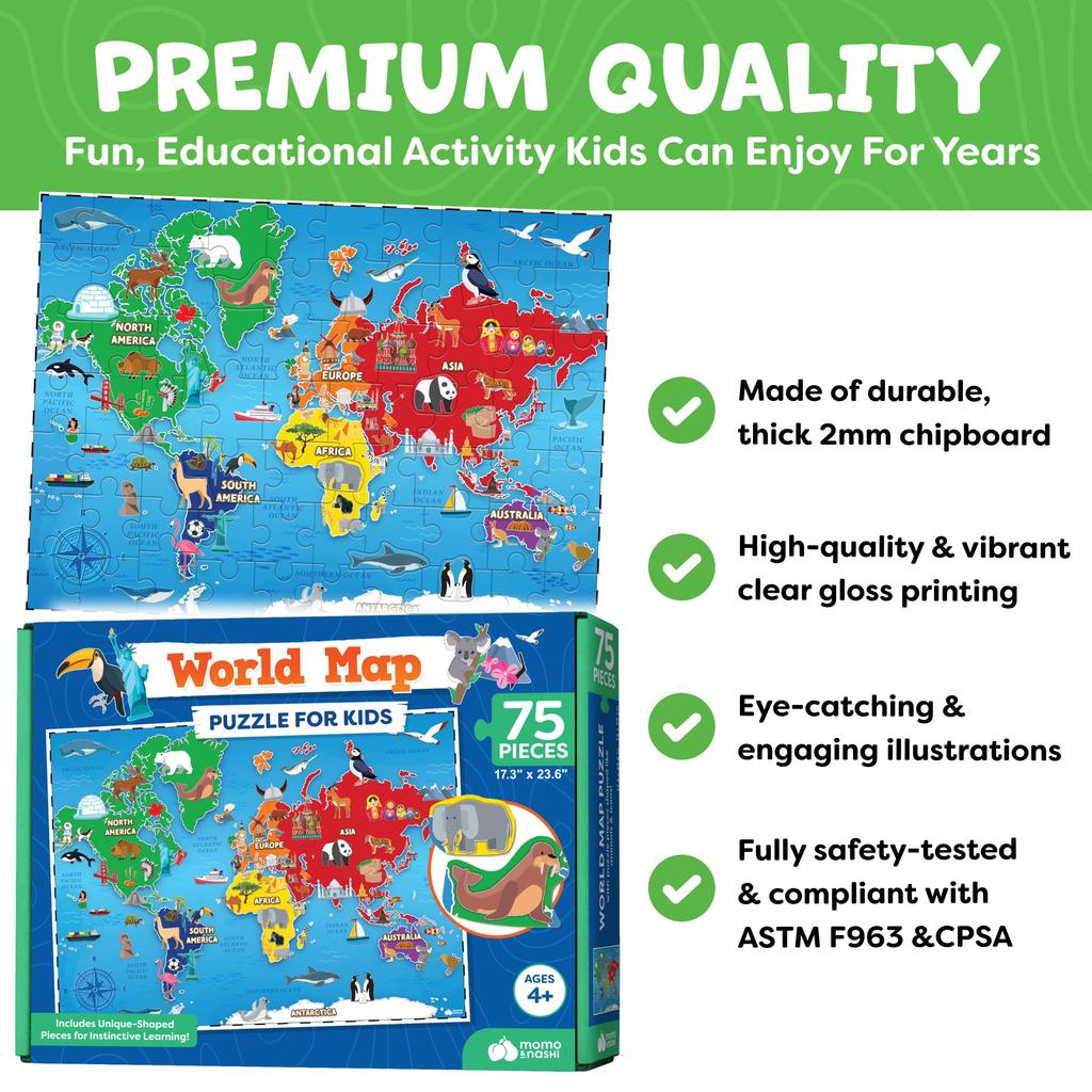 World Map Puzzle for Kids - 75 Pieces - World Puzzle with Continents - Jigsaw Puzzle Geography Puzzle for Kids Ages 4-8, 5, 6, 7, 8-10 - Globe Atlas P