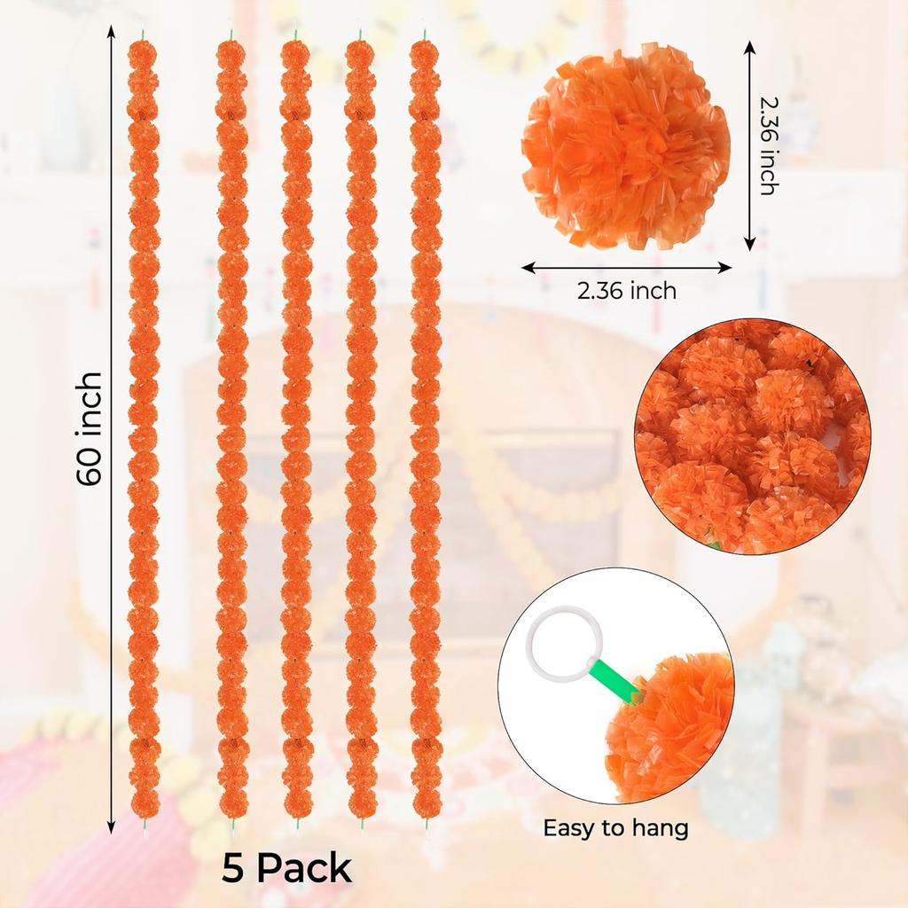 5Pcs Marigold Garland for Decoration,5 Feet Artificial Marigold Flowers Diwali Decorations for Home,Orange Artificial Marigold Heads for Diwali