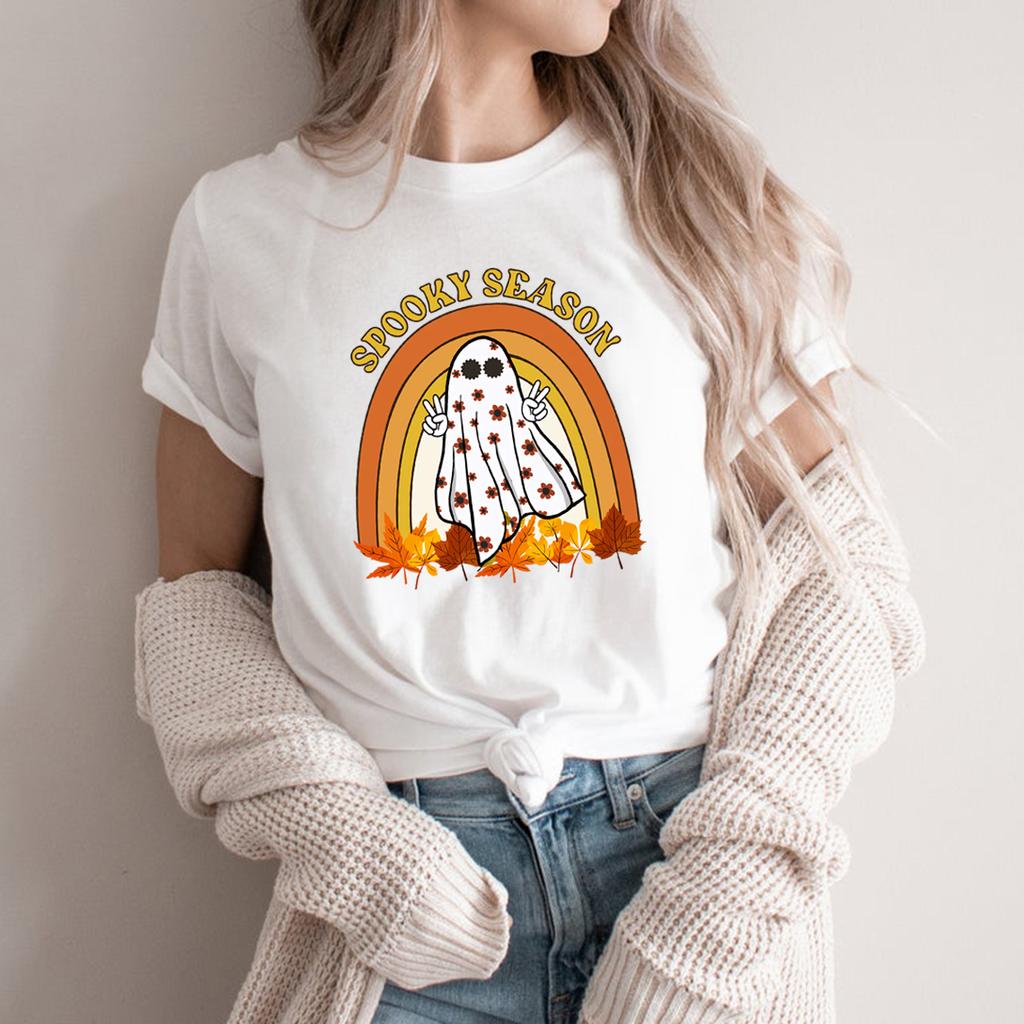 Retro Halloween Tshirt Spooky Season TShirts Cute Ghost T Shirt Fall Rainbow Tshirts Halloween Womens T Shirt Graphic Tees