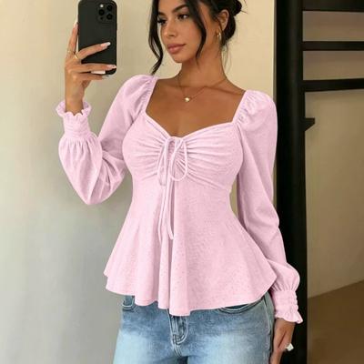 Women V Neck Drawstring Ruched Solid Color Loose Long Sleeve Casual T Shirt