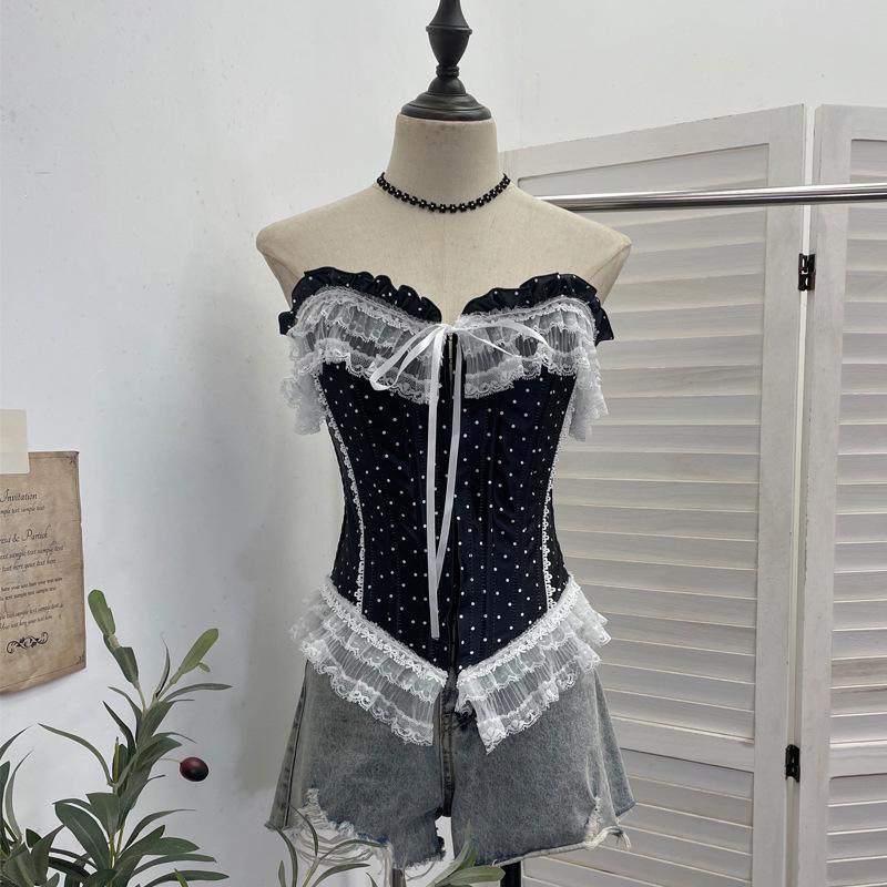 Retro Polka Dot Strapless Lace Trim Crop Top 