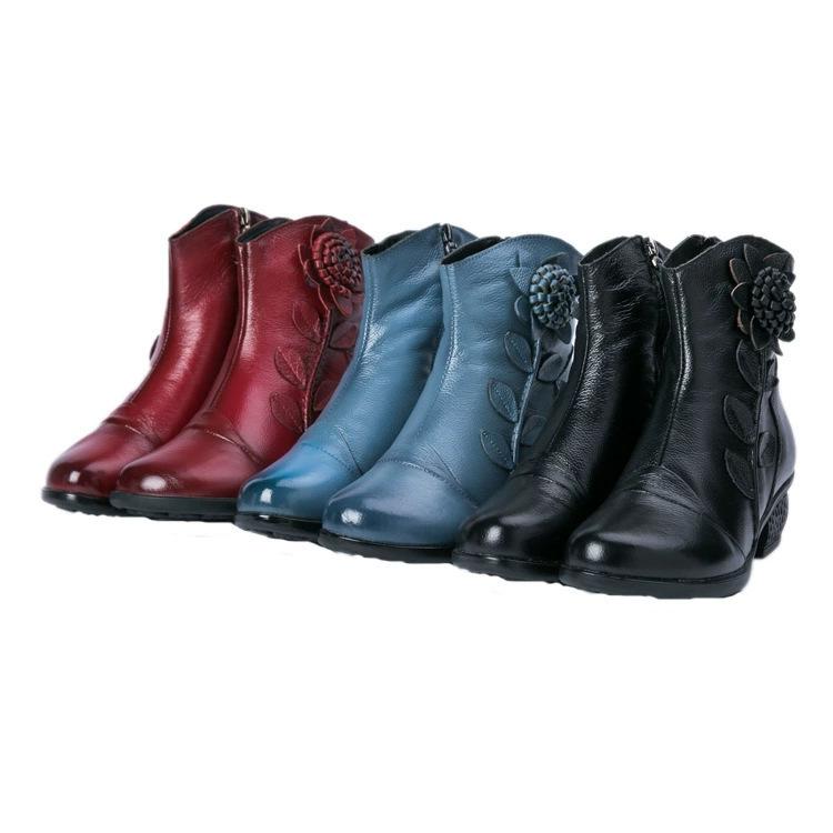 Ethnic Style Thick Heel Women's Shoes Short Boots Genuine Leather Mother Cotton Shoes Retro Flowers Middle-aged and Old Short Boots Single