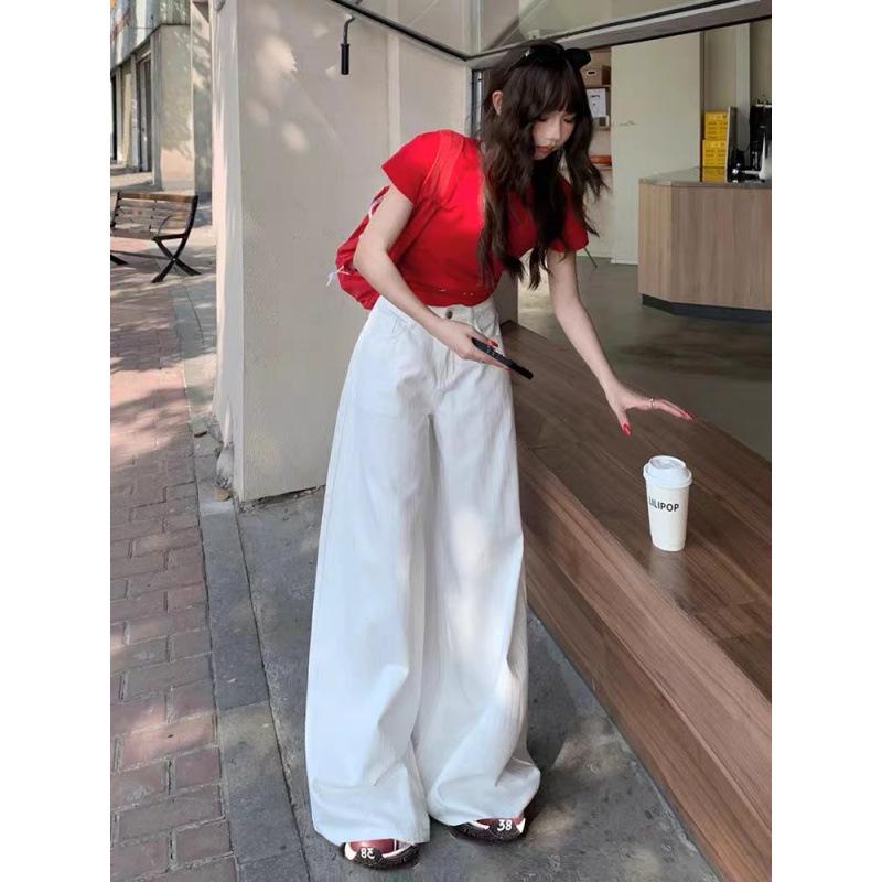 

Plus Size High Waist Retro White Wide-Leg Jeans for Women - Summer 2025 Trendy Slimming Floor-Length Pants Extra Large белый