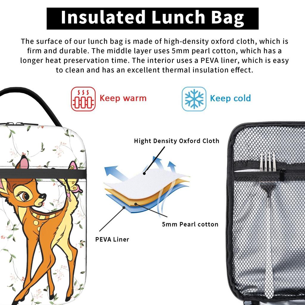 Bambis Cartoon Deer Insulated Lunch Bags Portable Reusable Cooler Bag Tote Lunch Box College Outdoor Food Bag