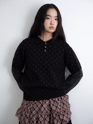 ISTKUNST Dot Stripe Layerd Collar Knit_Black(Ik2Ffmk641A)