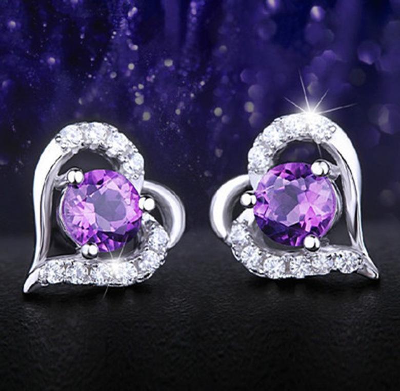 Zhenrong Silver-Plated Heart-Shaped Amethyst Imitation Stud Earrings for Women – Anti-Allergy Korean Style Jewelry