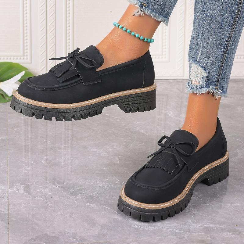 Damen Loafer Flats in breiter Weite, Quaste & Schleife Chunky Heel Oxfords, Europäischer Stil Winterschuhe für Damen