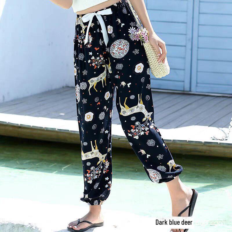 Women's Summmer Pants Drawstring Elastic Waist Beach Bloomers Pajama Pants Capri Pants