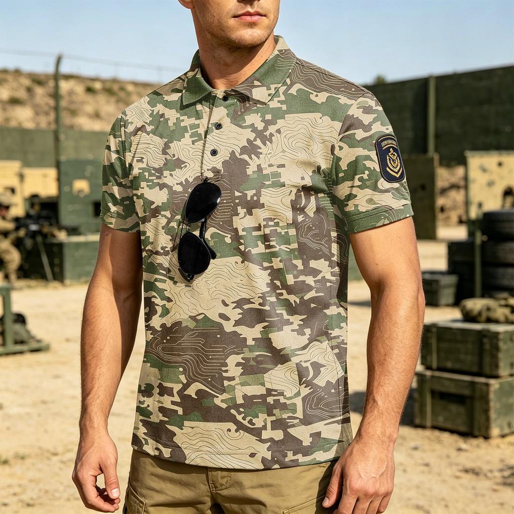 Men's Tactical Polo Shirt Loose Fit Breathable Outdoor Quick Dry Short Sleeve Camouflage Print with Velcro Patch Area
