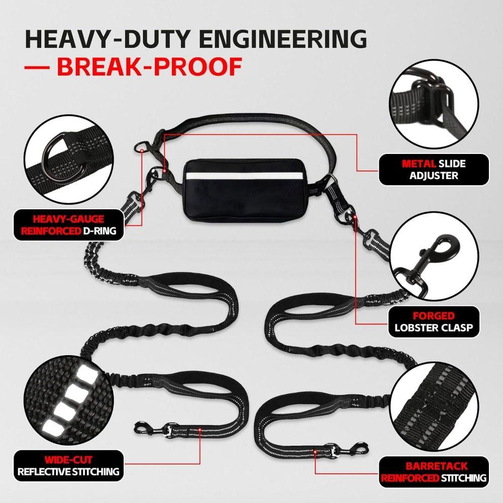 Anti-Tangle Double Dog Leash with Pouch Reflective Stitching Twin Lead for 2 Dogs Pet Training
