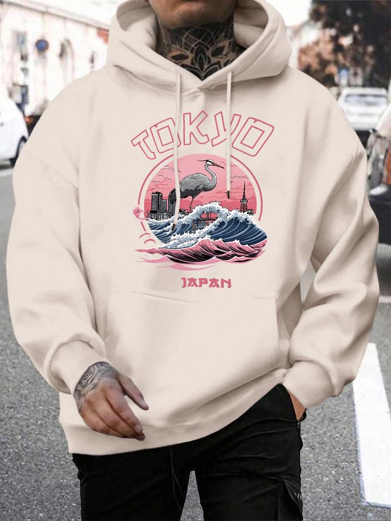 Tokio Japonia Harajuku Nadruk Żurawie Fale Męska Bluza z Kapturem Pasująca do Wszystkiego Polarowe Bluzy z Kapturem Kieszeń Męska Odzież Sportowa Swobodny Luźny Pulower