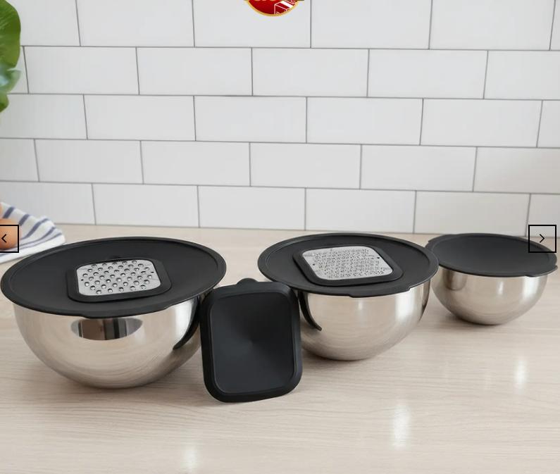 3-piece Stainless Steel Mixing Bowl Set with Grater Attachment 16-20-24 Cm 9 Pieces