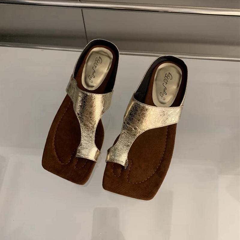 Fashion SUOJIALUN 2024 Summer New Brand Women Slipper Fashion Gold Ladies Elegant Slides Square Low Heel Dress Casual Flip Flops Shoes