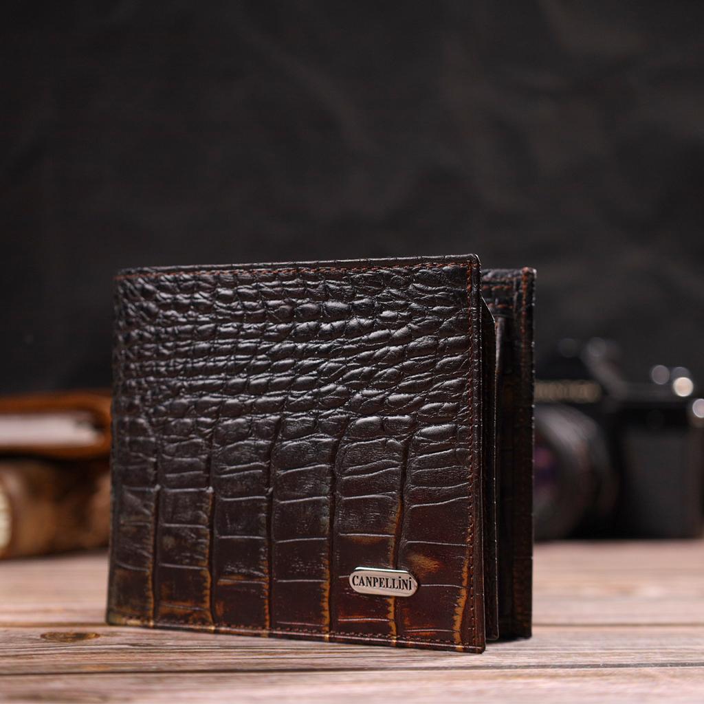Original Men's Wallet Made of Genuine Textured Leather with Crocodile Embossing CANPELLINI 21784 Dark Brown