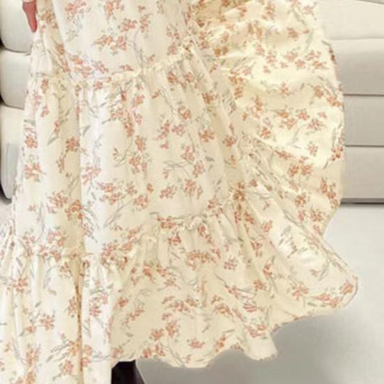 Women Summer Skirt Elastic High Waist Ruffle Hem A-Line Skirt Floral Pattern Cake Skirt Vacation Casual Long Skirt