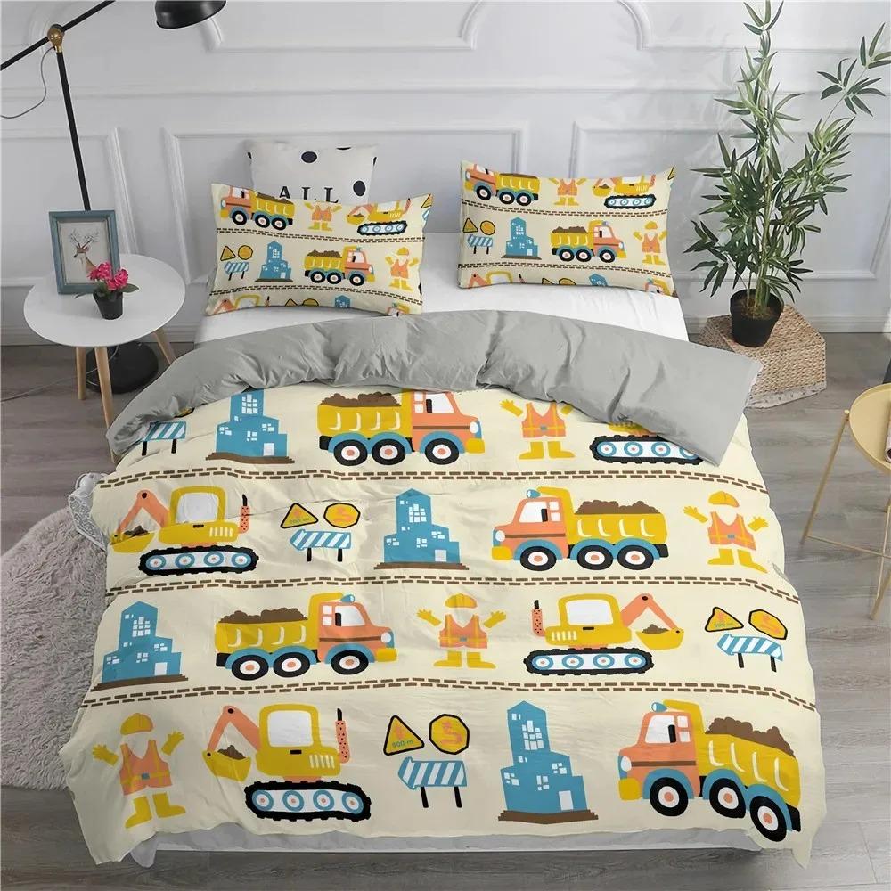 Engineering Vehicle Excavator Duvet Cover Set 2/3 Pcs Boys Girls Twin Queen Size Duvet Cover Pillowcase Bed