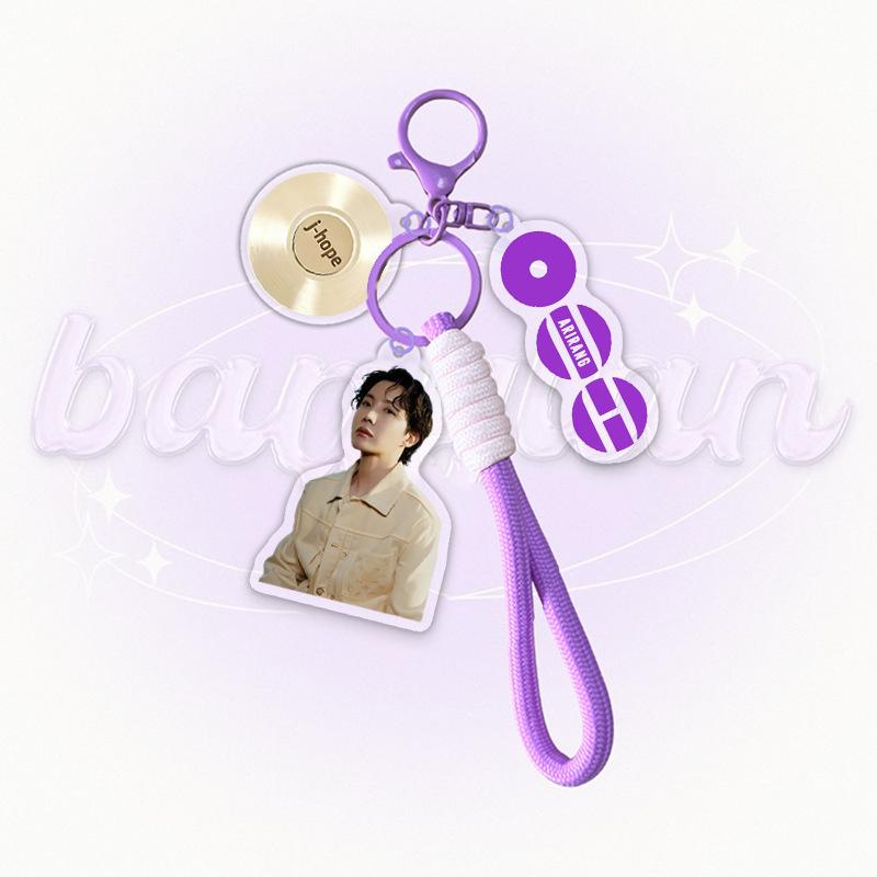 BTS Member Photo Acrylic Keychain with Purple Braided Strap, Bangtan Boys Vinyl Disc Charm Keyring, Kpop ARMY Fans Bag Accessory