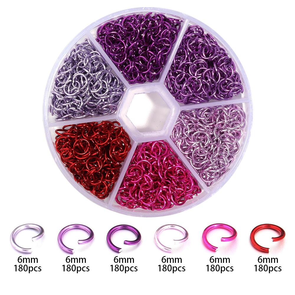 Ca. 1080 Stück/Karton 6 mm Bunte Aluminium Offene Ringe Spalt-Sprungringe Verbinder-Set für Schmuckherstellung DIY Halsketten-Zubehör