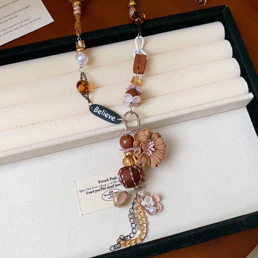 Retro Ethnic Heart Necklace: Wooden Flower Pendant Sweater Chain for Women