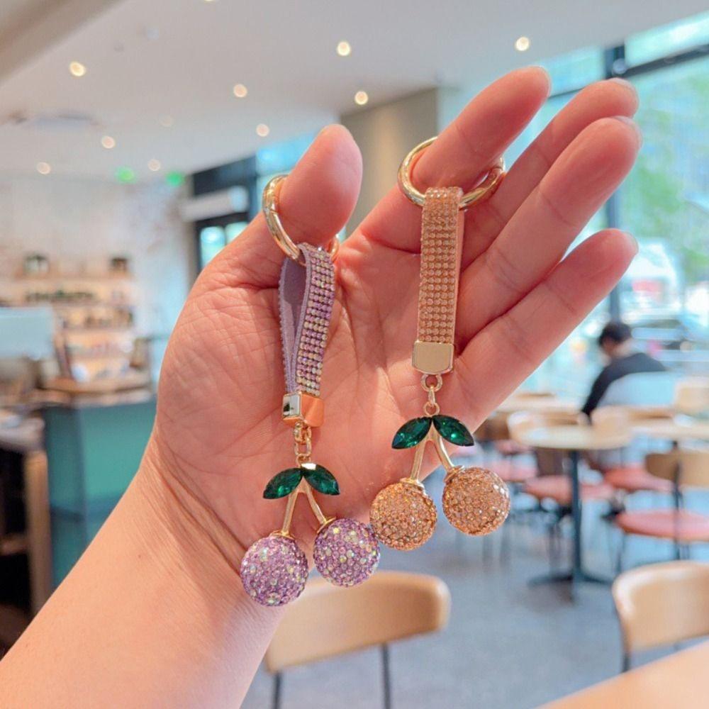 Korean Ins Full Rhinestones Cherry Keychain High-end Rhinestone Car Keyring Girls Boys