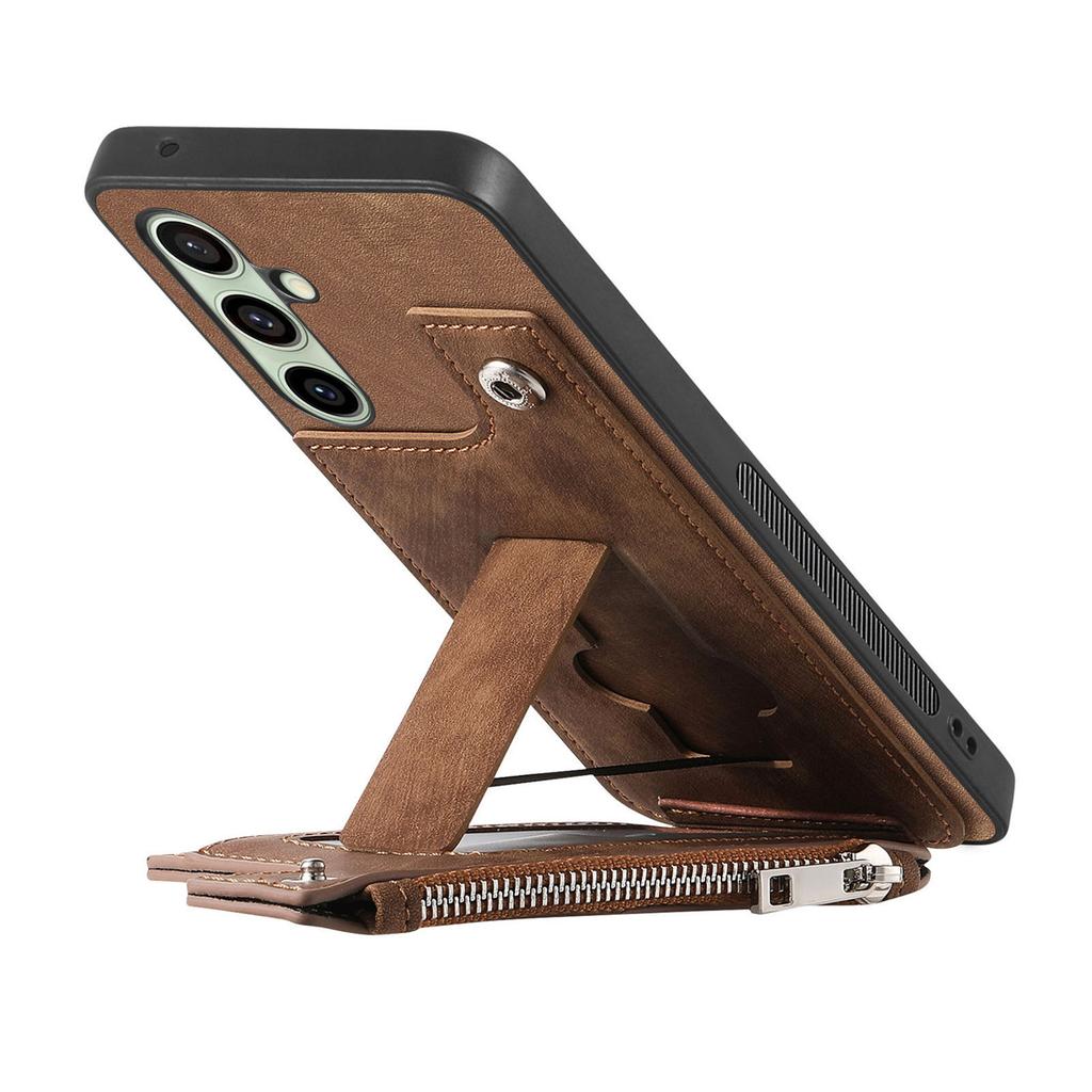 For Samsung Galaxy S24 FE Case Zipper Card Holder Kickstand Leather + PC + TPU Phone Cover