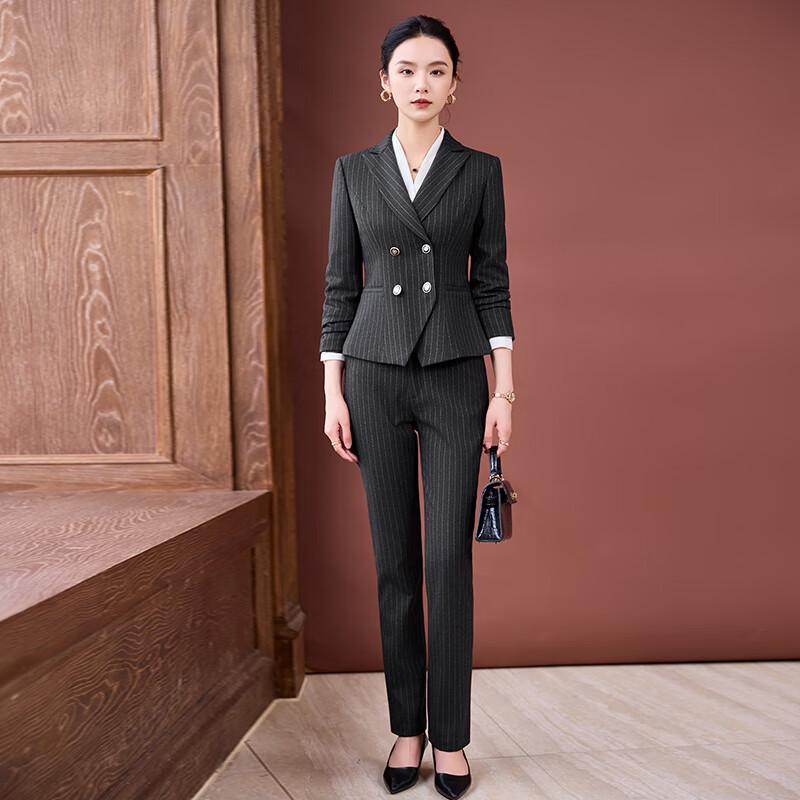 Teloram Women s Double-Breasted Striped Blazer & Pants Set XL