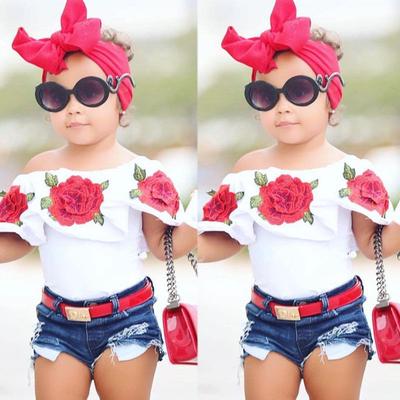 Toddler Kids Baby Girls Outfits Flower Rose Tops Denim Shorts Pants Clothes Set