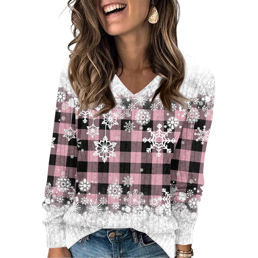 Women's Fashionable Loose-Fit V-Neck Long-Sleeved T-Shirt Christmas Print Pullover
