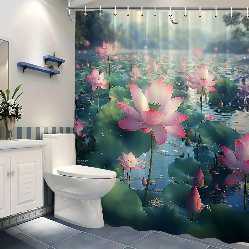 Bath Curtain - Serene Lake with Pink Lotus Flowers, Calm Water & Greenery, Realistic Floral Design, Peaceful Bathroom Decor