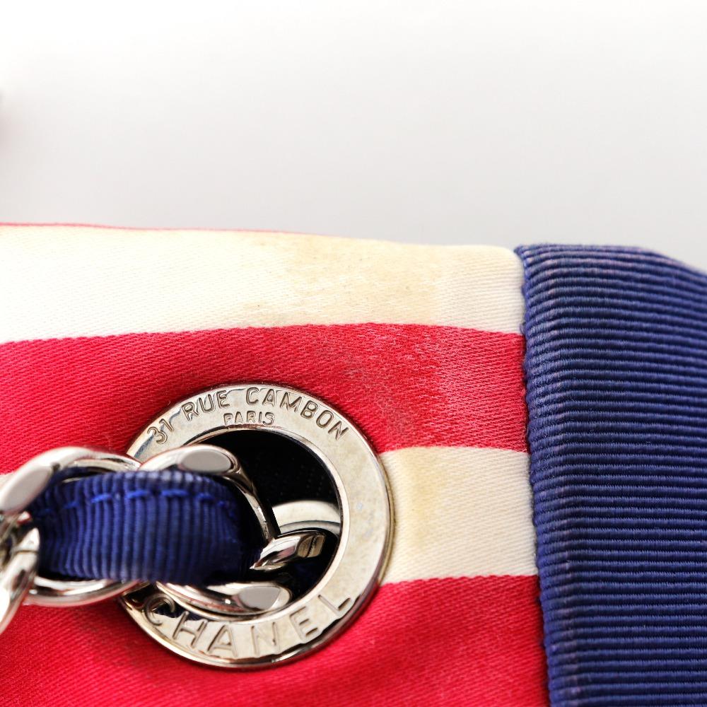 Chanel Chain Tote Tote Bag A47944 Cruise Line Border Navy Blue cotton/Nylon Women Used