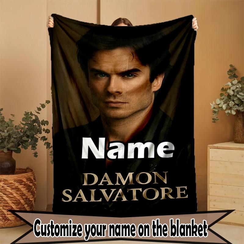Custom Name Personalized Damon Salvatore Print Blanket, Home Decor, Bedroom, Sofa, Camping, Couch, Gifts for Birthday Christmas