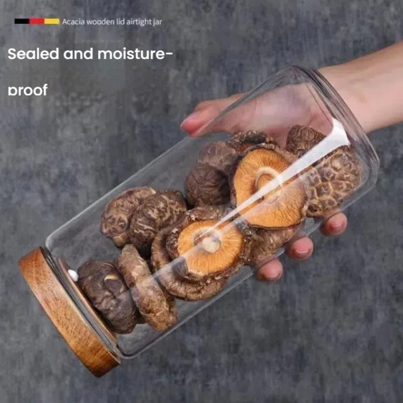 1Pcs Wood Lid Orgnizer Glass Airtight Canister Kitchen Storage Bottles Jar Sealed Food Container Ginger Cereal Dispenser