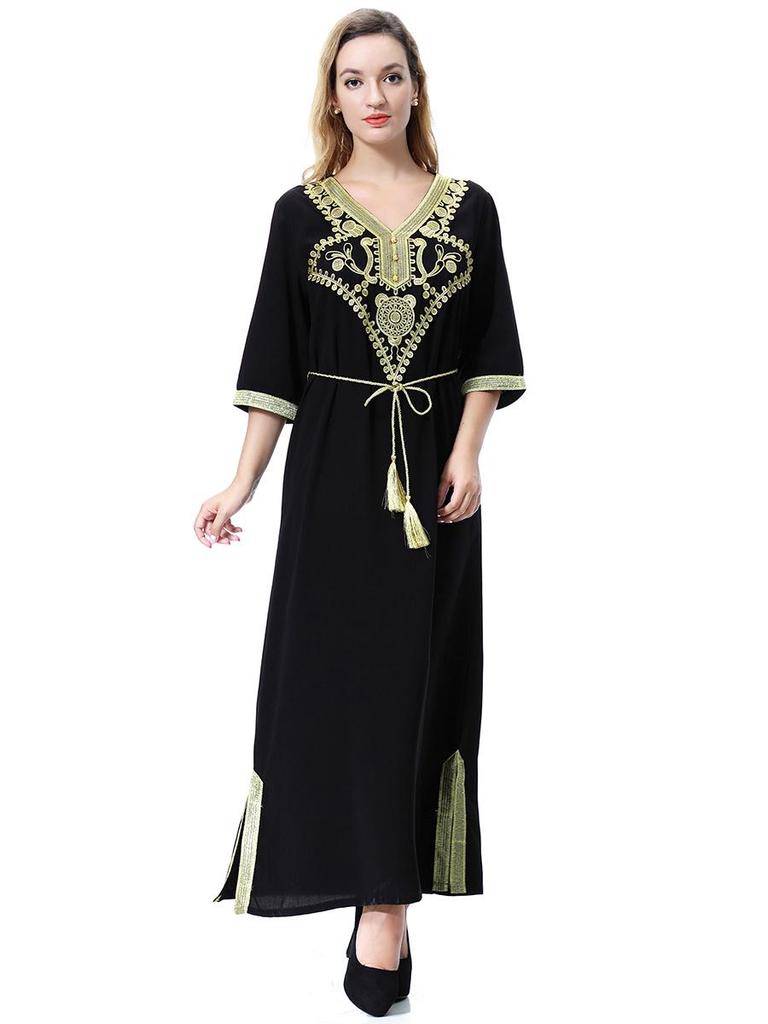 Damen Kurzarm Gold Floral Langes Kleid, TH920